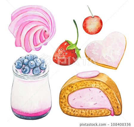 Set with sweets, collection of bakery, cookies, marshmallows. Watercolor on a white background Set with sweets, collection of bakery, cookies, marshmallows. Watercolor on a white background 108408336