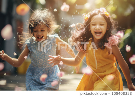 Little girl blowing soap bubbles. Girl trying to catch bubble. 108408338