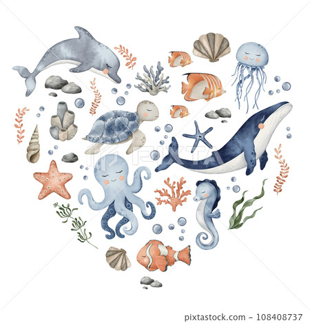 Underwater Animals heart design. Cute undersea composition in circle with whale, dolphin, octopus, seahorse, jellyfish, turtle, clownfish, shells, algae, corals and bubbles. Hand drawn watercolor 108408737