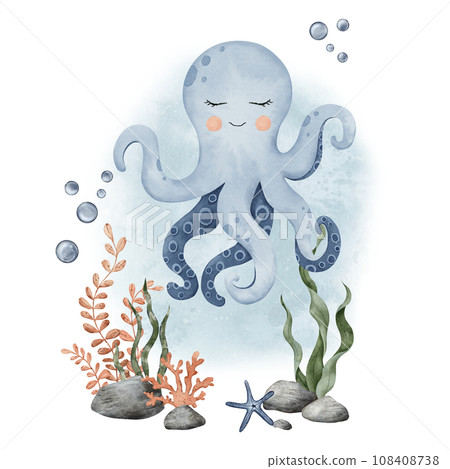 Underwater Animals. Cute undersea octopus, shells, algae, corals and bubbles. Hand drawn watercolor illustration of sea fish for kids design, poster, baby shower, newborn cards 108408738