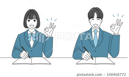 Male and female students rejoice after giving the OK sign 108408772