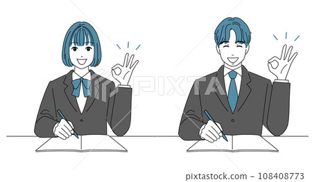 Male and female students rejoice after giving the OK sign 108408773