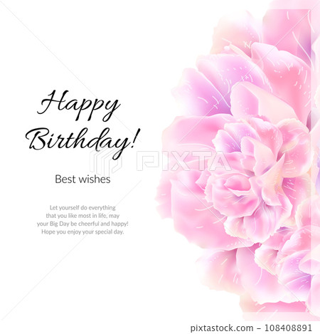 Happy Birthday greeting card with pink flowers. Spring season. Elegant luxury design. Vector illustration 108408891
