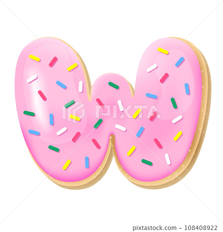 Vector pink letter W from donut alphabet. Sweet tasty cookie font. Food illustration Vector pink letter W from donut alphabet. Sweet tasty cookie font. Food illustration 108408922