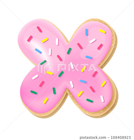 Vector pink letter X from donut alphabet. Sweet tasty cookie font. Food illustration Vector pink letter X from donut alphabet. Sweet tasty cookie font. Food illustration 108408923