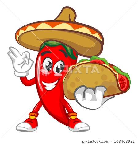 vector mascot character illustration of chili wearing a typical Mexican hat offering delicious taco vector mascot character illustration of chili wearing a typical Mexican hat offering delicious taco 108408982