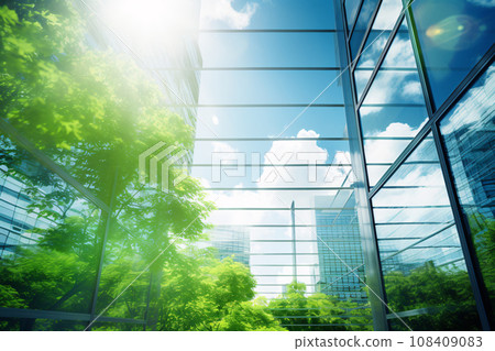 Eco-friendly building in the modern city. Sustainable glass office building with tree for reducing carbon dioxide. Office building with green environment. Corporate building reduce CO2. Generative AI. Eco-friendly building in the modern city. Sustainable glass office building with tree for reducing carbon dioxide. Office building with green environment. Corporate building reduce CO2. Generative AI. 108409083