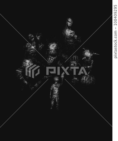 The boy brought a small pumpkin for the monsters, Dark raw horror illustration 108409295