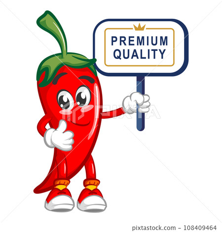 vector mascot character illustration of cute chili holding a board that says premium quality 108409464