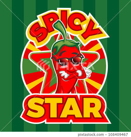 vector mascot character illustration of a cute chili icon folding hands coolly with a star background on it and writing that says spicy star 108409467