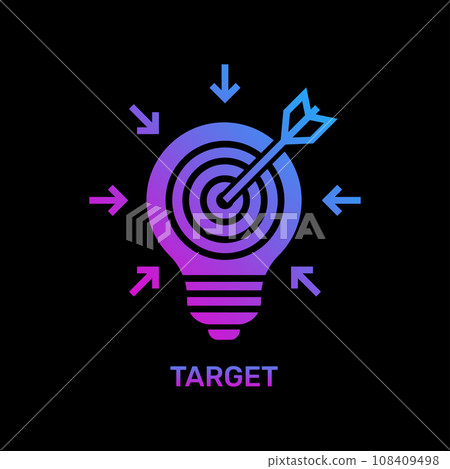 Bulb and target board icon with arrow vector icon. Bulb with a target board inside and arrow. Success and business goals concept. Colorful gradient sign on the black background. EPS 10 108409498