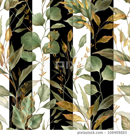 Elegant Seamless striped pattern with decorative green and gold leaves. Floral pattern for wallpapers, scrapbooking, print, gift wrap, manufacturing. 108409883