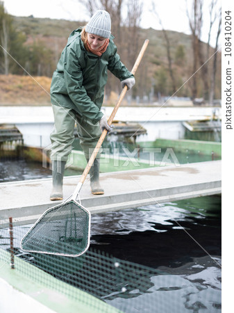 Woman catching fish with landing net on sturgeon farm Woman catching fish with landing net on sturgeon farm 108410204