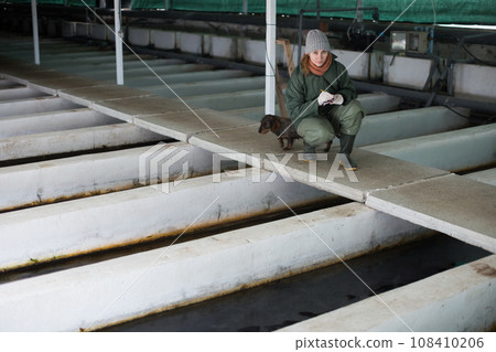 Woman checking fish reservoirs, writing in notebook Woman checking fish reservoirs, writing in notebook 108410206