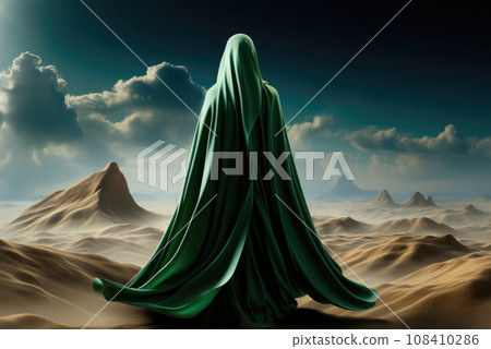 Arab woman in a green abaya against a background of sand dunes and a blue sky with clouds. Holiday card for the National Day of Saudi Arabia Arab woman in a green abaya against a background of sand dunes and a blue sky with clouds. Holiday card for the National Day of Saudi Arabia 108410286