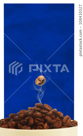 Cup with aromatic fresh delicious coffee beans against blue background. Contemporary art collage. Poster. Drink, creative, surrealism 108410327