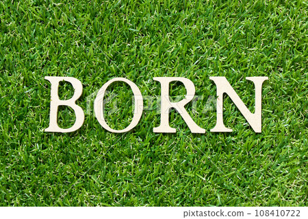 Wood letter in word born on green grass background Wood letter in word born on green grass background 108410722