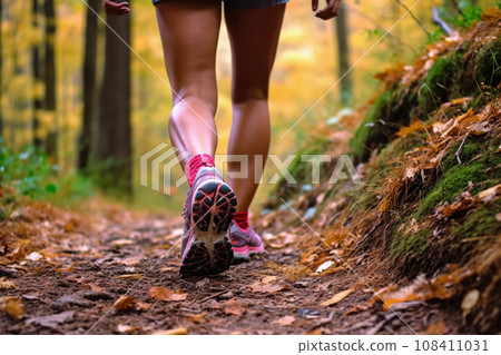 Woman Jogger's Running Shoes on Dirt Path, Close-Up of Active Lifestyle in Nature. Generative Ai. 108411031