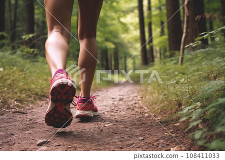 Woman running on forest trail, fresh outdoor exercise. Generative Ai. 108411033