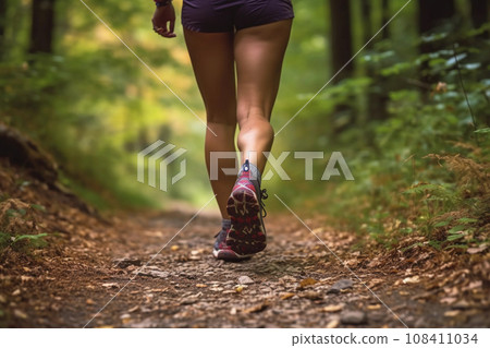 Close-Up Hiking Shoes on Trail, Nature Trekking, Vacation Lifestyle Concept. Generative Ai. 108411034