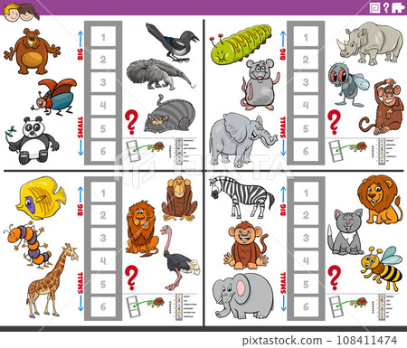 educational games set with big and small cartoon animals educational games set with big and small cartoon animals 108411474