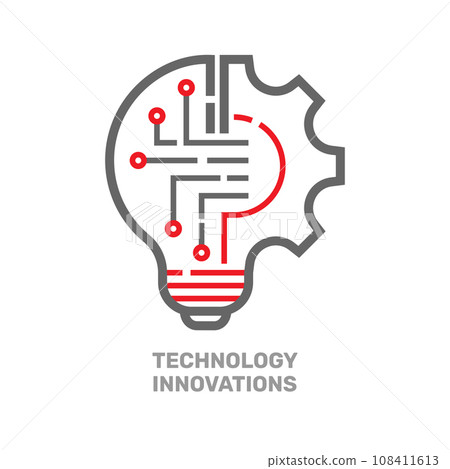 Light bulb with gear wheel machine icon vector. Technology solutions. Line art lamp and gear wheel machine sign silhouette. Editable Stroke. EPS 10. 108411613