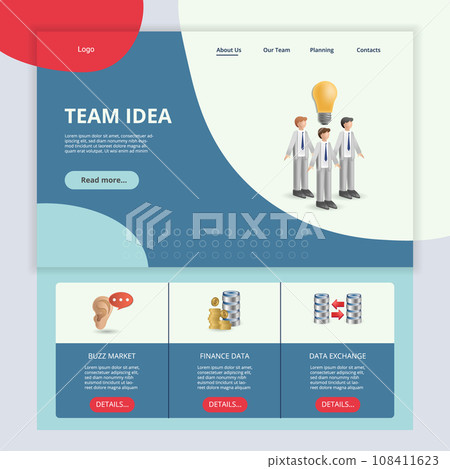 Team idea flat landing page website template. Buzz market, finance data, data exchange. Web banner with header, content and footer. Vector illustration. 108411623
