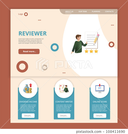 Reviewer flat landing page website template. Dividend income, content writer, online store. Web banner with header, content and footer. Vector illustration. Reviewer flat landing page website template. Dividend income, content writer, online store. Web banner with header, content and footer. Vector illustration. 108411690