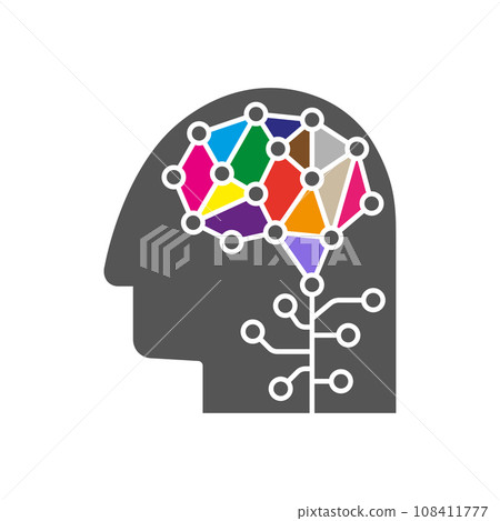Artificial Intelligence and Machine Learning Logo Concept. Human head outline with brain icon. Vector symbol AI. Brain Logotype Template 108411777