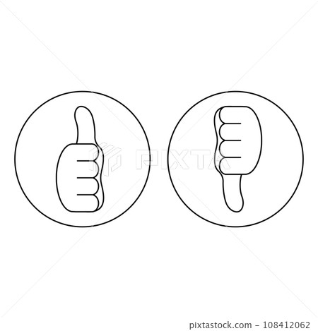 Thumb up and thumb down. Vector round outline icon. Front view. Illustration and drawing. 108412062