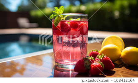 Lemonade with strawberries and ice on the edge of the pool, concept for favorite summer drinks during vacation or weekend. Fresh refreshments 108412164