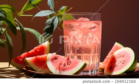 Close-up of watermelon lemonade with ice next to fresh sliced watermelon, on a table in a cafe, summer drinks concept 108412168