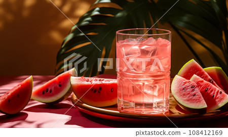 A popular watermelon cocktail with ice cubes surrounded by watermelon stands on table against background of palm leaves, idea for advertising or menu. Favorite soft drinks, summer vacation time 108412169