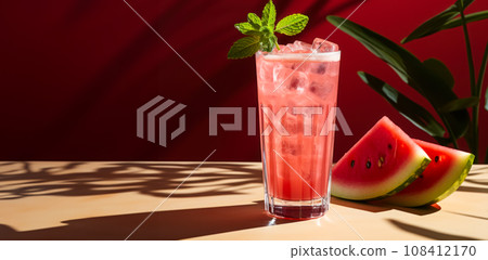Tall glass with watermelon drink and ice next to fresh sliced watermelon, summer drinks concept with copy space. Summer cooling drinks, menu idea Tall glass with watermelon drink and ice next to fresh sliced watermelon, summer drinks concept with copy space. Summer cooling drinks, menu idea 108412170