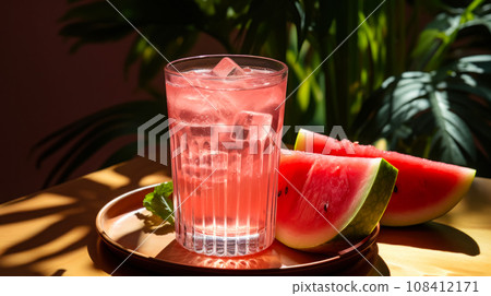 Watermelon lemonade with fresh sliced watermelon, summer drinks concept. Glass with a drink on a table in a cafe, idea for a menu 108412171