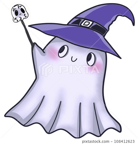 Cute ghost with witch hat and Halloween pumpkin 108412623
