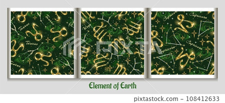 Seamless patterns with golden icon of zodiac sign Taurus, Virgo, Capricorn, constellation with stars, text, third eye, all seeing eye. Esoteric concept. For prints, clothing, t shirt, surface design Seamless patterns with golden icon of zodiac sign Taurus, Virgo, Capricorn, constellation with stars, text, third eye, all seeing eye. Esoteric concept. For prints, clothing, t shirt, surface design 108412633