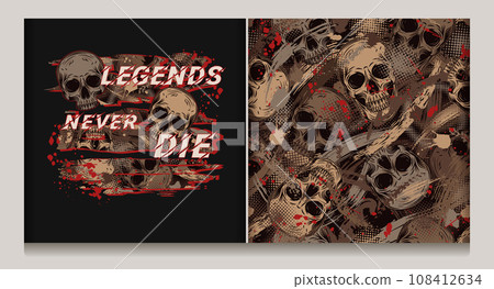 Brown grunge camouflage label, pattern with human skulls, abstract brushstrokes, blots, halftone shapes. Text Legends never die. Good for apparel, clothing, fabric, textile, sport goods design. Not AI Brown grunge camouflage label, pattern with human skulls, abstract brushstrokes, blots, halftone shapes. Text Legends never die. Good for apparel, clothing, fabric, textile, sport goods design. Not AI 108412634