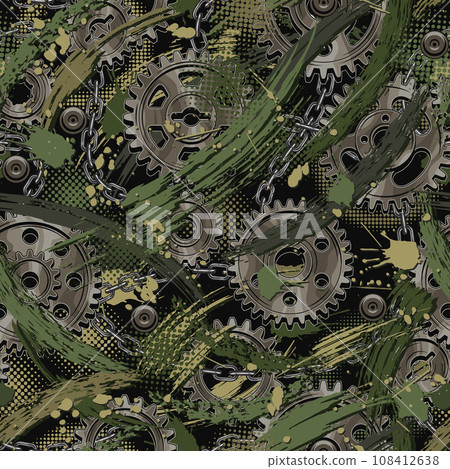 Camo khaki green pattern with gears paint splatter 108412638
