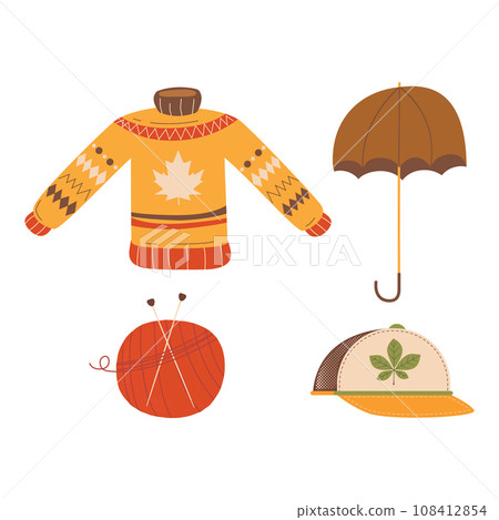 Autumn hand drawn clipart collection. Fall season symbols bundle. Autumn seasonal elements - cap, umbrella, cozy sweatshirt, mushroom. Harvest colorful set. Thanksgiving icons. Stock designs 108412854