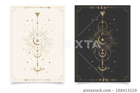 Set of esoteric mystical posters with spiritual symbols, moon, sun, stars. Templates on light and dark backgrounds, boho style. Vector Set of esoteric mystical posters with spiritual symbols, moon, sun, stars. Templates on light and dark backgrounds, boho style. Vector 108413229
