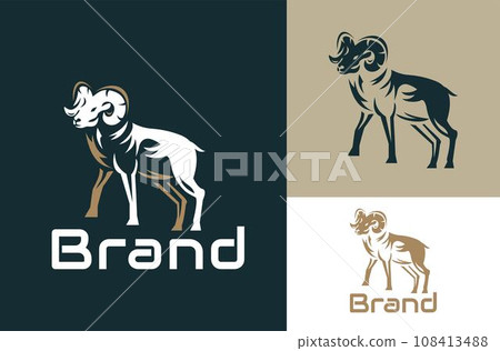 Horned Wild Male Sheep or Goat. Vector illustration. Design template logo with dark and white background 108413488