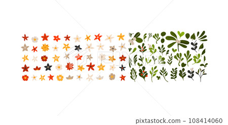 Hand drawn vector abstract cartoon Merry Christmas and Happy new year clipart illustrations elements set with flower,leaves and pine branch.Merry Christmas cute design.Winter holiday decoration. 108414060