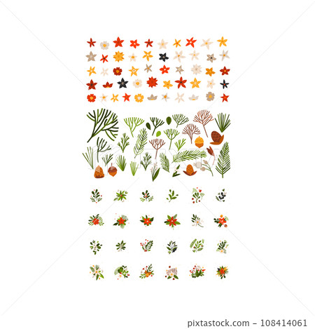 Hand drawn vector abstract cartoon Merry Christmas and Happy new year clipart illustrations elements set with flower,leaves and pine branch.Merry Christmas cute design.Winter holiday decoration. 108414061