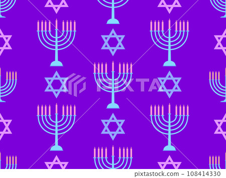 Hanukkah seamless pattern with Menorah with nine candles and stars of David. Lighted Hanukkah candles. Design of greeting cards, banners and promotional products. Vector illustration Hanukkah seamless pattern with Menorah with nine candles and stars of David. Lighted Hanukkah candles. Design of greeting cards, banners and promotional products. Vector illustration 108414330