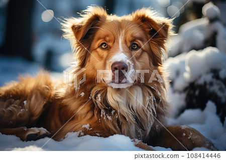 Big dog lying in snow. Generative AI Big dog lying in snow. Generative AI 108414446