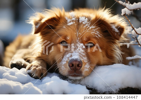 Big dog lying in snow. Generative AI Big dog lying in snow. Generative AI 108414447