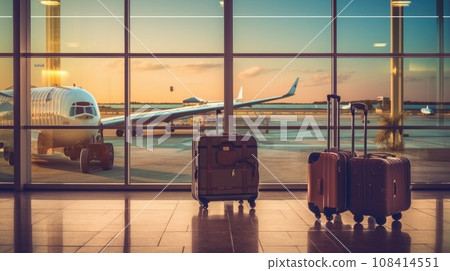Suitcases in airport, airport hall, airplanes in the background. Generative AI Suitcases in airport, airport hall, airplanes in the background. Generative AI 108414551