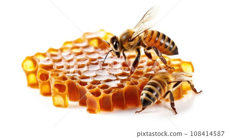 Close-up bee on honey comb with honey, isolated on transparent background cutout. Generative AI 108414587