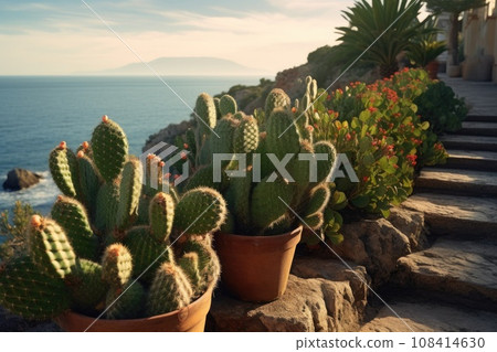 Cactus plants, succulent outdoors on mediterranean coast. Generative AI Cactus plants, succulent outdoors on mediterranean coast. Generative AI 108414630
